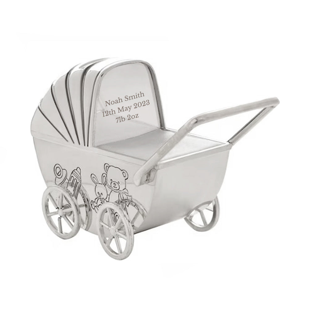 Personalised Silver Plated Pram Money Box - Money Boxes at Gift Moments