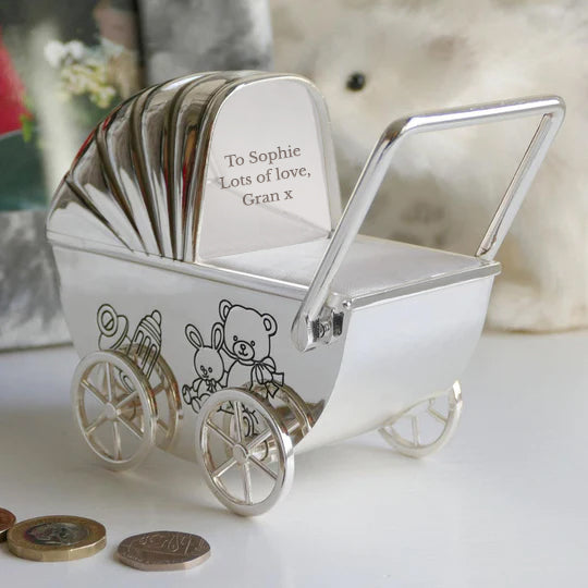 Personalised Silver Plated Pram Money Box - Money Boxes at Gift Moments