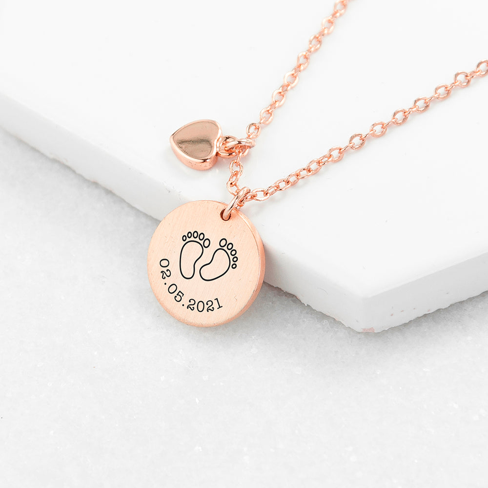 Personalised Baby Feet Heart & Disc Necklace: 2 - Rose Gold - Necklaces By Gift Moments