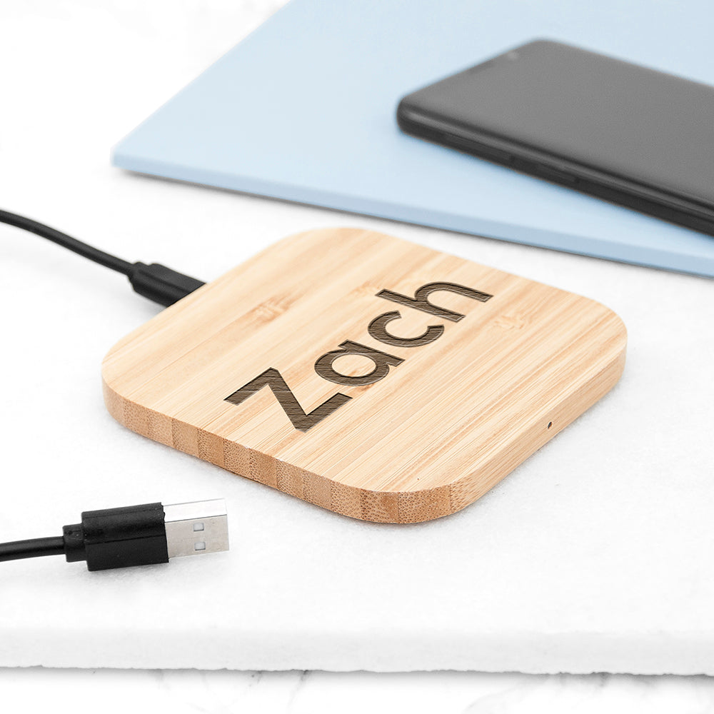 Personalised Eco-Friendly Bamboo Wireless Charger: 3 - Sans Serif - Tech Accessories By Gift Moments