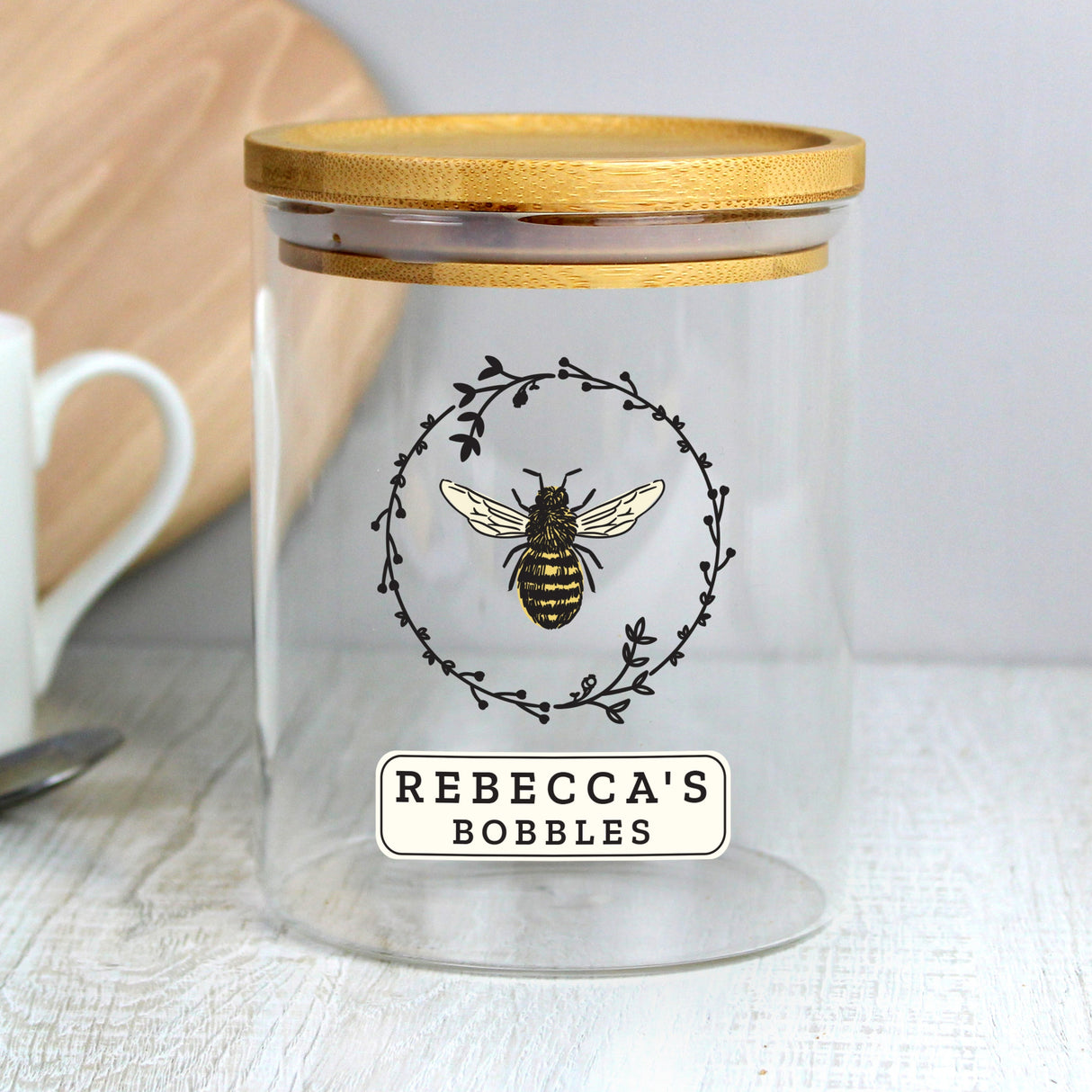 Personalised Bee Glass Jar with Bamboo Lid: 5 - Storage By Gift Moments