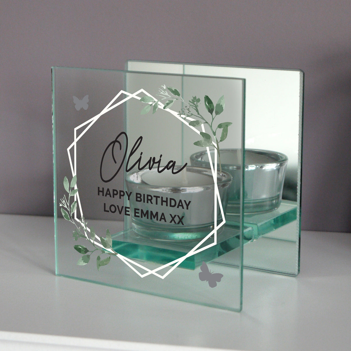 Personalised Botanical Glass Tea Light Holder: 4 - Candle Holders By Gift Moments