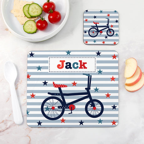 Personalised Boy’s Placemat and Coaster Set: 7 - Bicycle - Placemats By Gift Moments