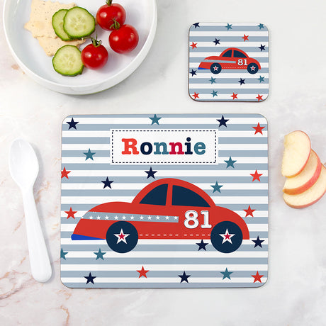 Personalised Boy’s Placemat and Coaster Set: 9 - Racing Car - Placemats By Gift Moments