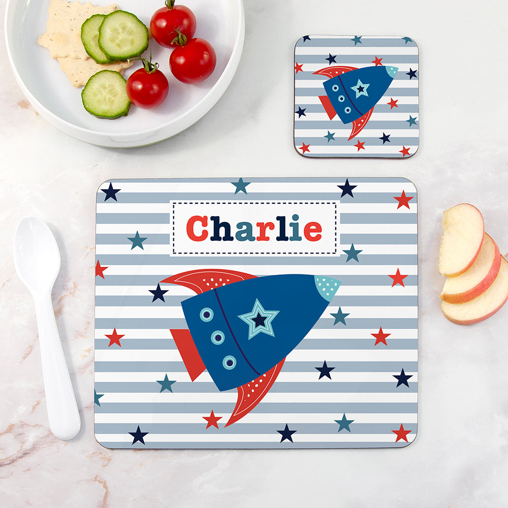 Personalised Boy's Placemat & Coaster Sets Rocket - Placemats at Gift Moments