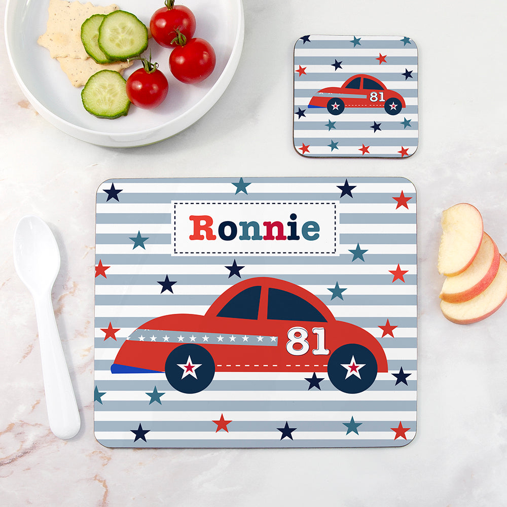 Personalised Boy's Placemat & Coaster Sets Racing Car - Placemats at Gift Moments