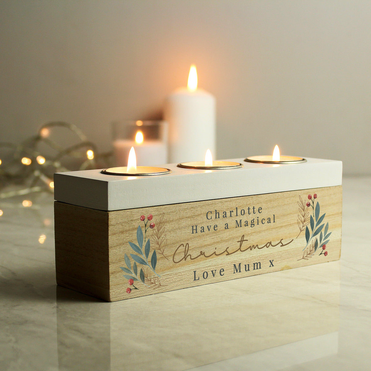 Personalised Christmas Foliage Tea Light Box: 4 - Candle Holders By Gift Moments