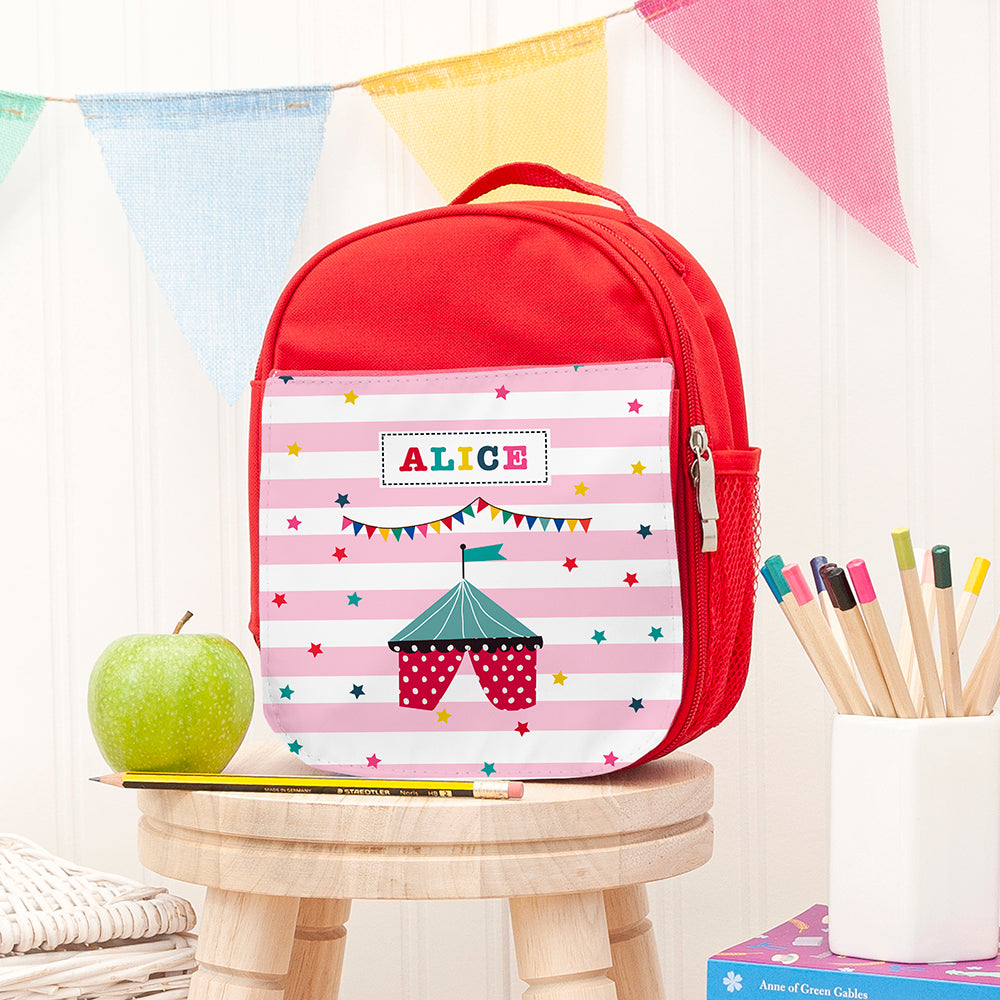 Personalised Girl's Circus Themed Red Lunch Bag Tent - Lunch Boxes & Bags at Gift Moments