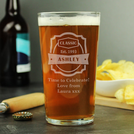 Personalised Classic Pint Glass Gift: 2 - Beer Glasses By Gift Moments