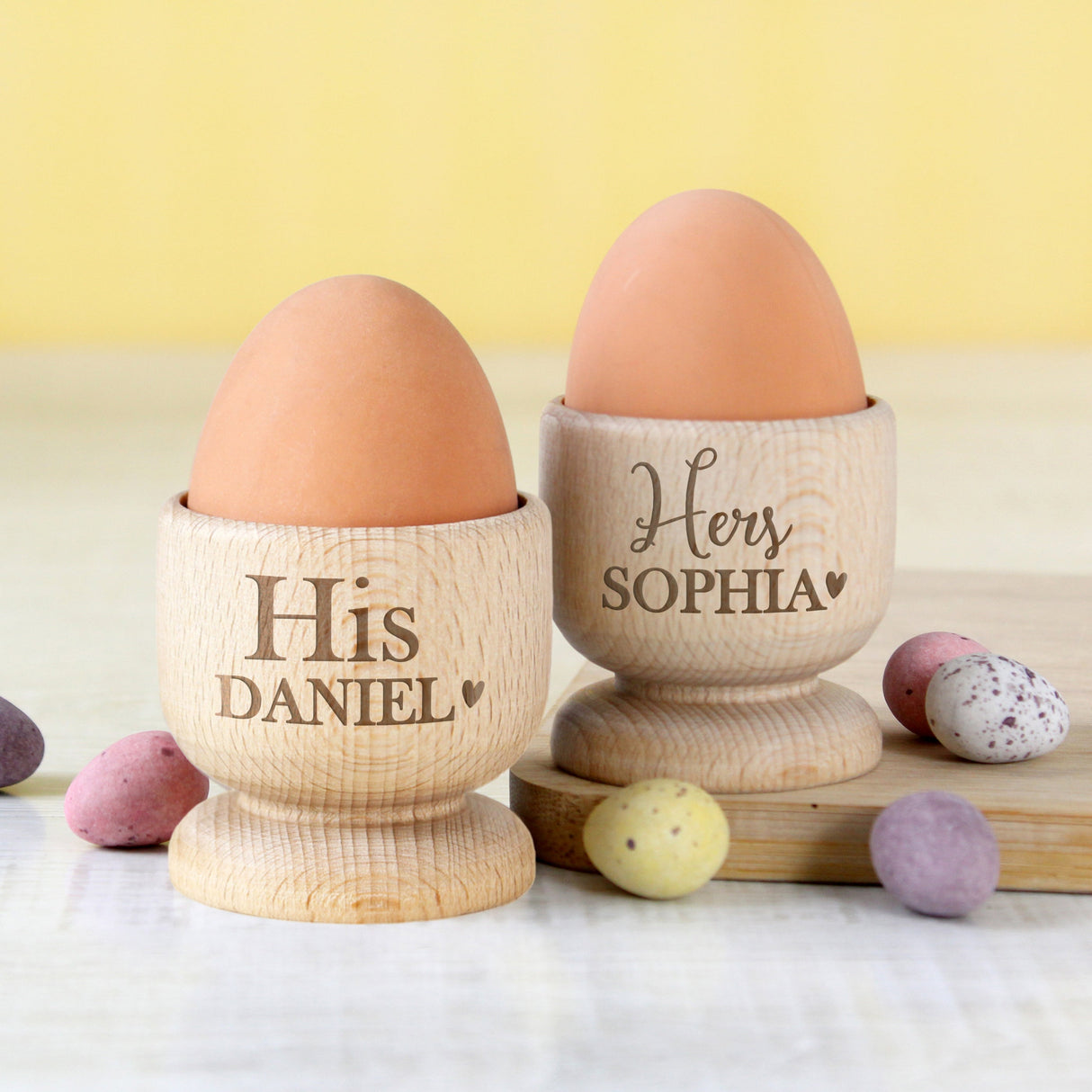 Personalised Couples Wooden Egg Cups Set: 3 - Egg Cups By Gift Moments