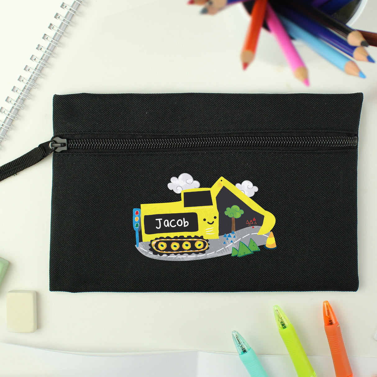 Personalised Digger Black Pencil Case: 3 - Pencil Cases & Sets By Gift Moments