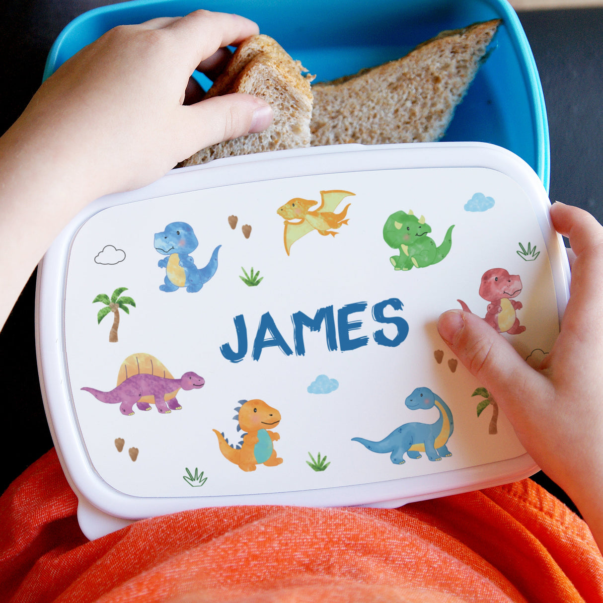 Personalised Blue Dinosaur Name Lunch Box: 2 - Lunch Boxes & Bags By Gift Moments