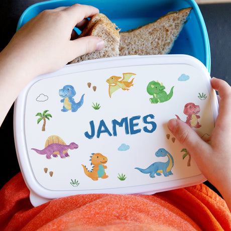 Personalised Blue Dinosaur Name Lunch Box: 2 - Lunch Boxes & Bags By Gift Moments