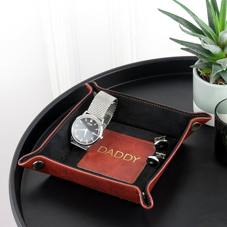 Personalised Luxury Leather Valet Tray: 1 - Gold Foil Debossed / Brown - Storage By Gift Moments