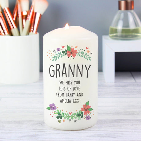 Personalised Floral Pillar Candle Gift: 2 - Candles By Gift Moments