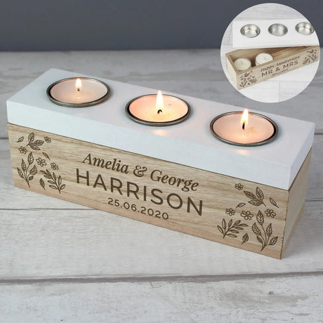 Personalised Floral Triple Tea Light Box: 1 - Candle Holders By Gift Moments