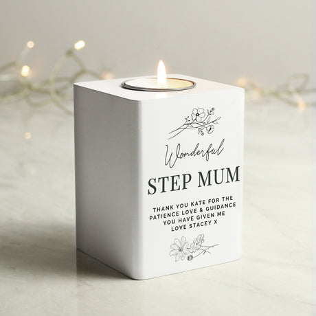 Personalised Floral White Wooden Tea Light Holder: 3 - Candle Holders By Gift Moments