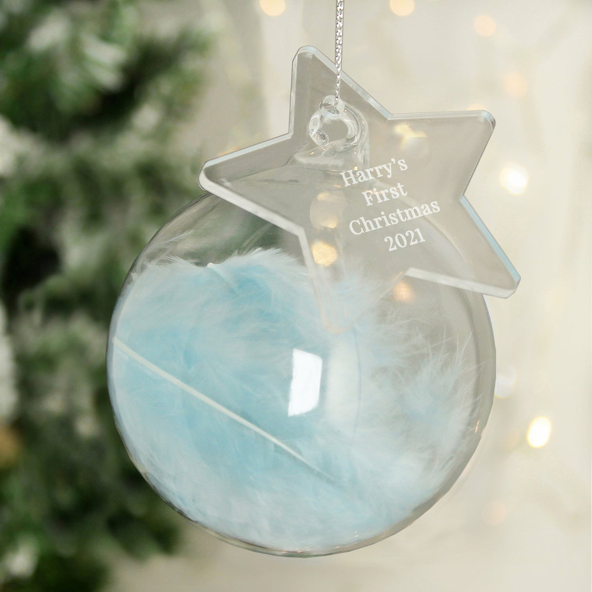 Personalised Blue Feather Glass Bauble with Tag: 1 - Christmas Baubles By Gift Moments