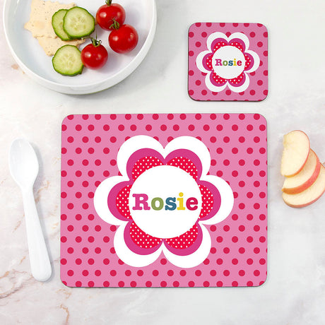 Personalised Girl's Floral Placemat & Coaster Sets Red Spots - Placemats at Gift Moments