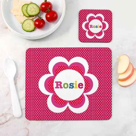 Personalised Girl's Floral Placemat & Coaster Sets White Spots - Placemats at Gift Moments