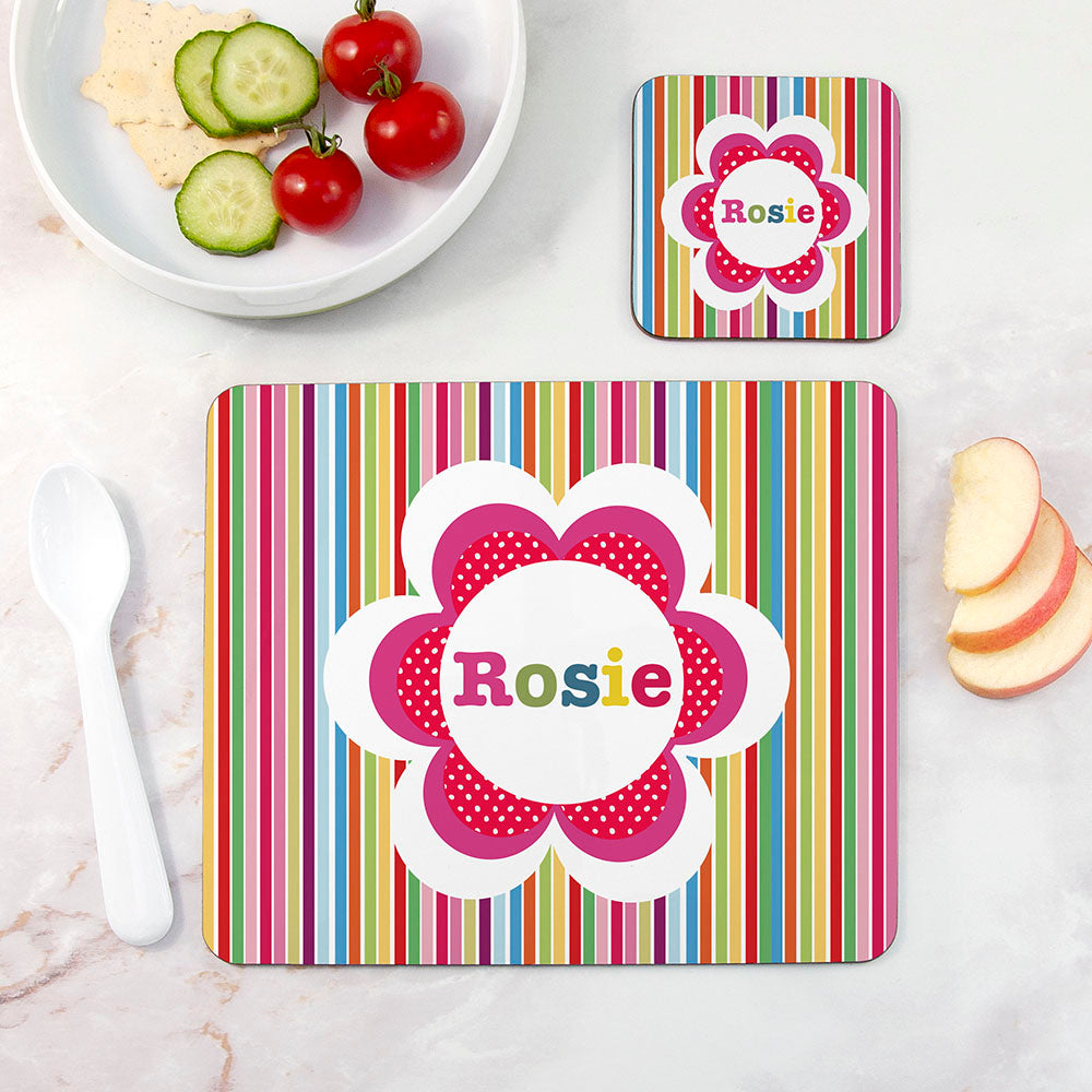 Personalised Girl's Floral Placemat & Coaster Sets Stripes - Placemats at Gift Moments