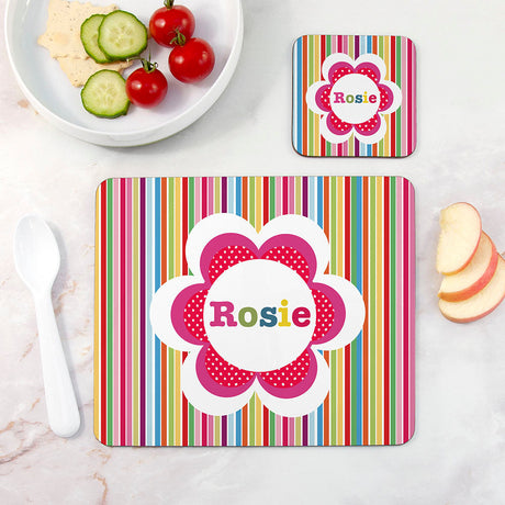 Personalised Girl's Floral Placemat & Coaster Sets Stripes - Placemats at Gift Moments