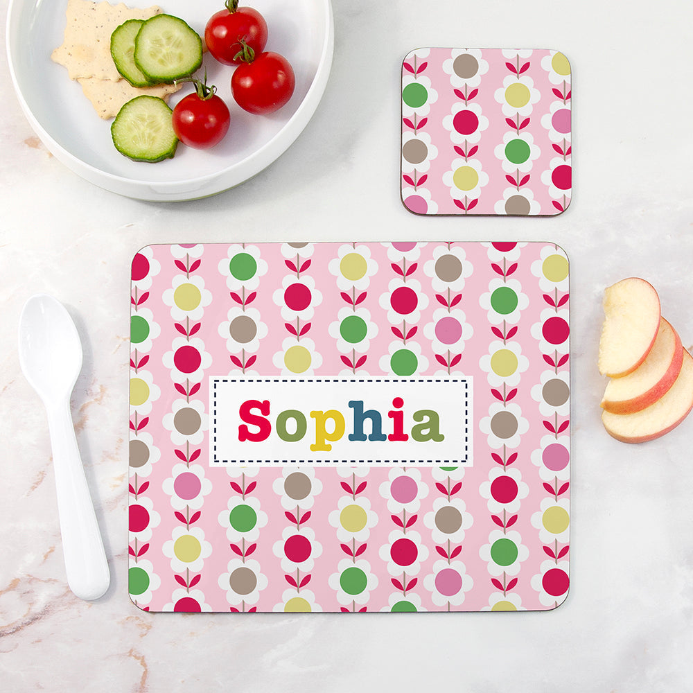 Personalised Girl’s Patterned Placemat & Coaster Set: 2 - Colourful Sunflowers - Placemats By Gift Moments