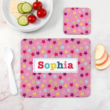 Personalised Girl’s Patterned Placemat & Coaster Set: 3 - Colourful Stars - Placemats By Gift Moments