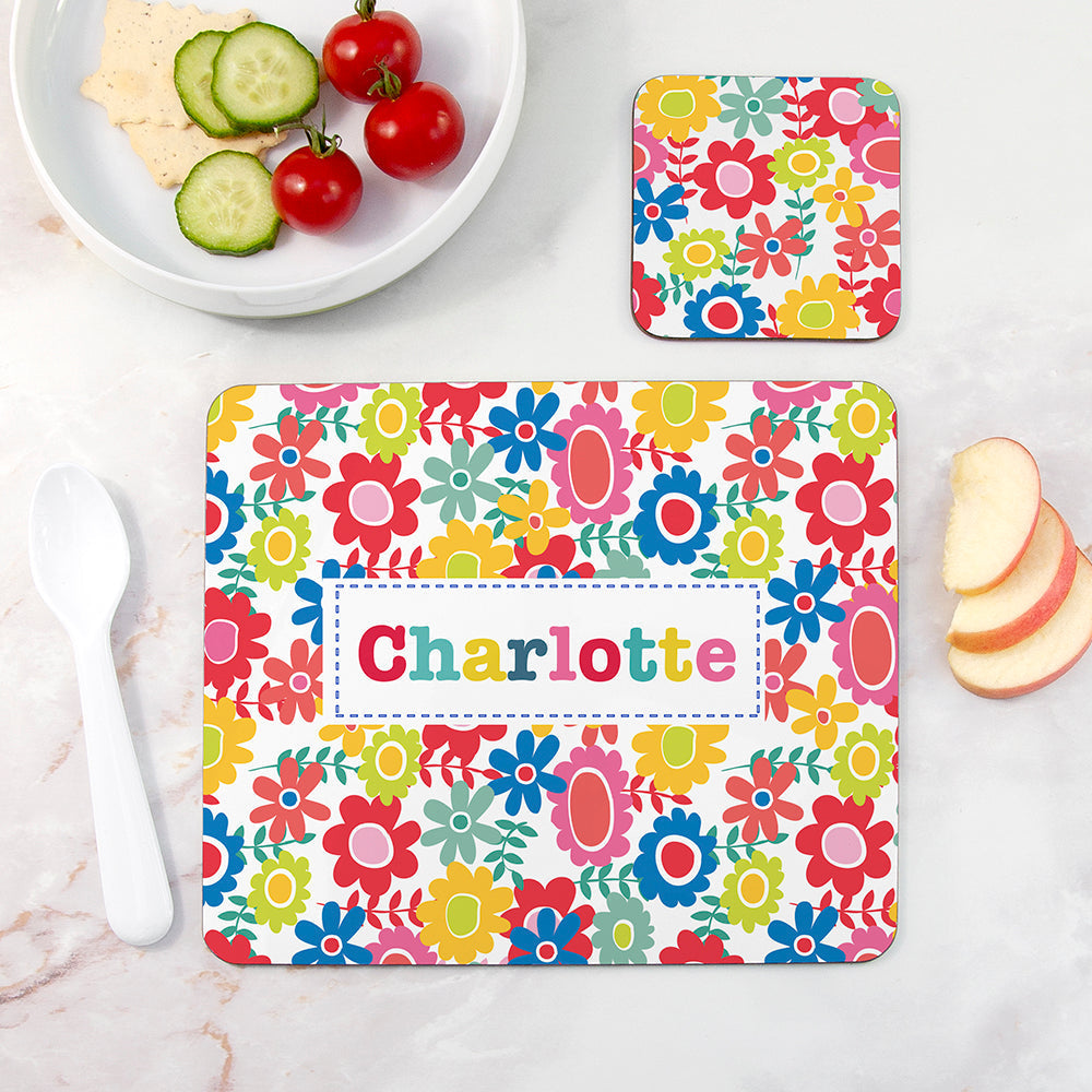 Personalised Girl’s Patterned Placemat & Coaster Set: 1 - Floral - Placemats By Gift Moments