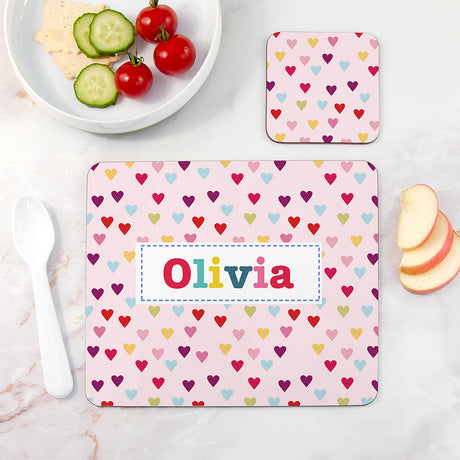 Personalised Girl’s Patterned Placemat & Coaster Set: 6 - Hearts - Placemats By Gift Moments