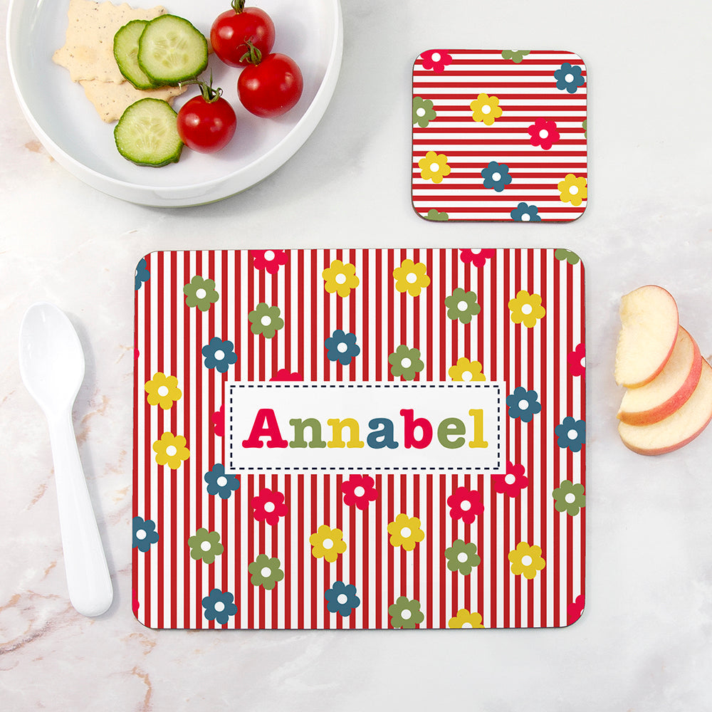 Personalised Girl’s Patterned Placemat & Coaster Set: 4 - Striped Floral - Placemats By Gift Moments