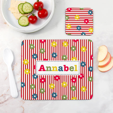 Personalised Girl's Patterned Placemat & Coaster Sets Striped Floral - Placemats at Gift Moments