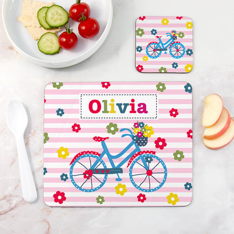 Personalised Girl’s Placemat & Coaster Set: 7 - Bicycle - Placemats By Gift Moments