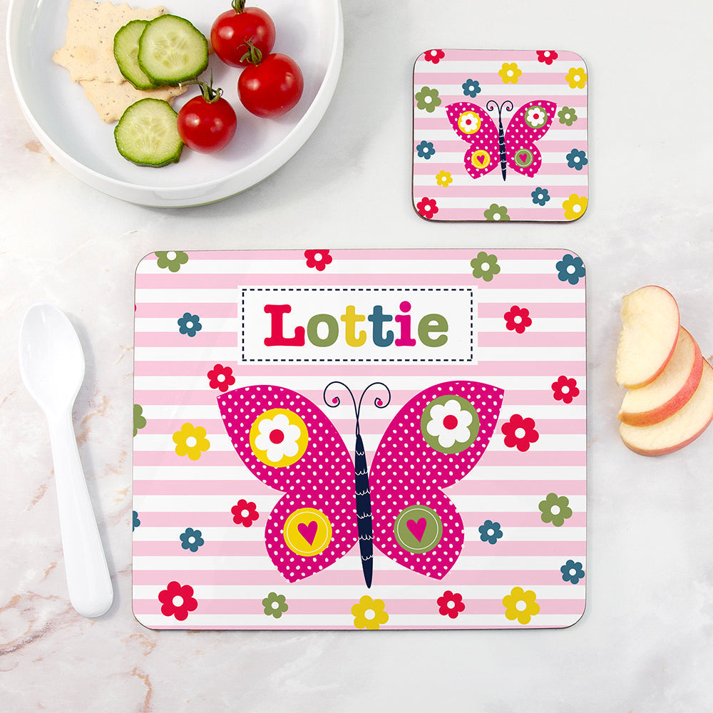 Personalised Girl’s Placemat & Coaster Set: 9 - Butterfly - Placemats By Gift Moments