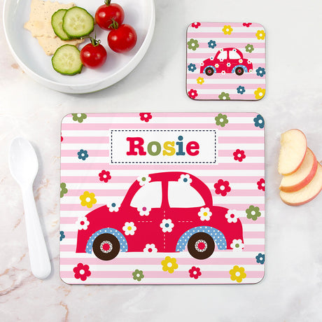 Personalised Girl’s Placemat & Coaster Set: 8 - Car - Placemats By Gift Moments