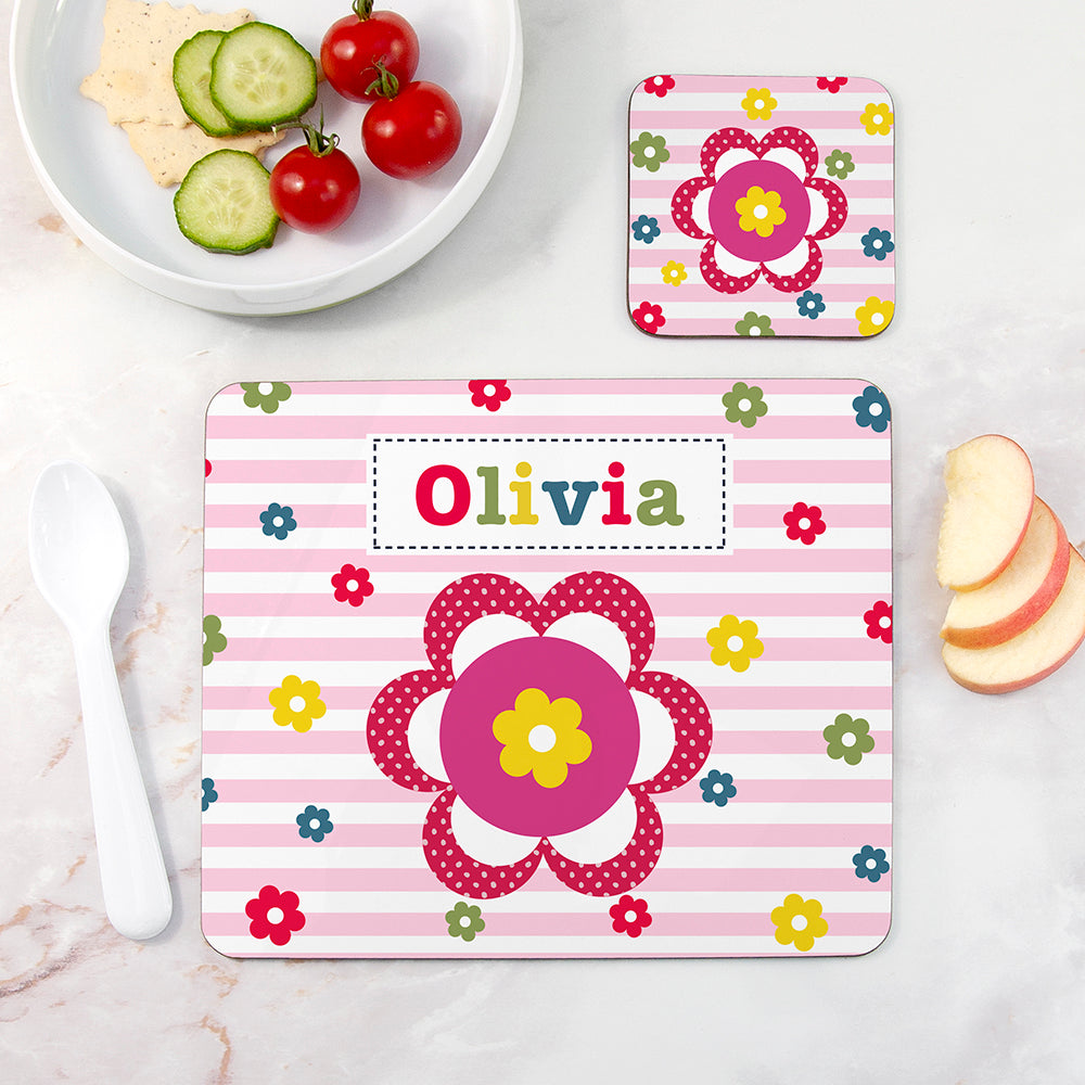 Personalised Girl’s Placemat & Coaster Set: 3 - Flower - Placemats By Gift Moments