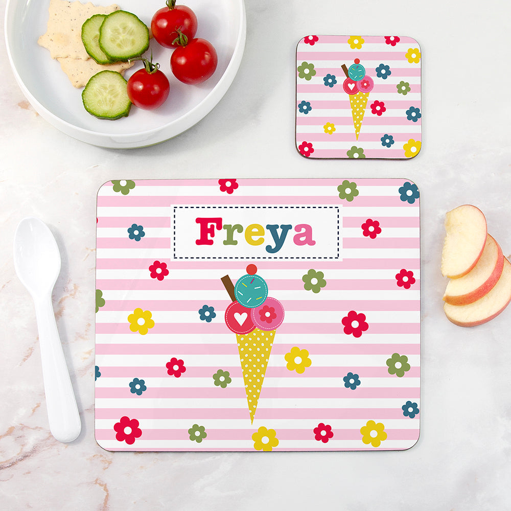 Personalised Girl’s Placemat & Coaster Set: 10 - Ice Cream - Placemats By Gift Moments