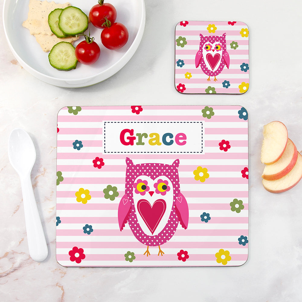 Personalised Girl’s Placemat & Coaster Set: 5 - Owl - Placemats By Gift Moments