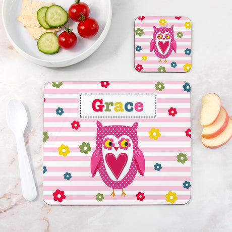 Personalised Girl's Placemat & Coaster Sets Owl - Placemats at Gift Moments