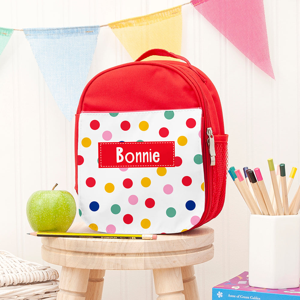 Personalised Girl's Red Patterned Lunch Bag Spots - Lunch Boxes & Bags at Gift Moments