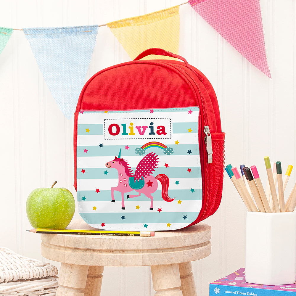 Personalised Unicorn Lunch Bag for Girls: 2 - Red - Lunch Boxes & Bags By Gift Moments