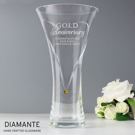 Personalised Gold Anniversary Diamante Heart Vase: 2 - Vases By Gift Moments