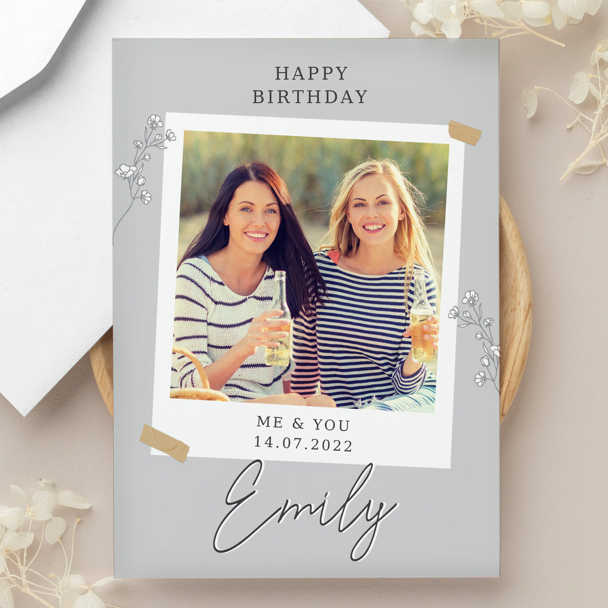 Personalised Grey Floral Photo Upload Card: 3 - Greeting Cards By Gift Moments