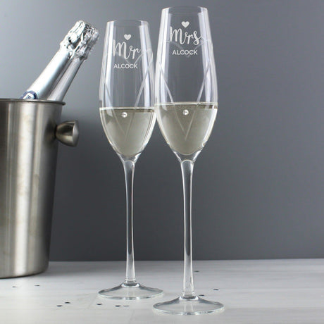 Personalised Mr & Mrs Hand Cut Flutes: 3 - Champagne Flutes By Gift Moments