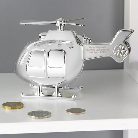 Personalised Silver Plated Helicopter Money Box: 2 - Money Boxes By Gift Moments