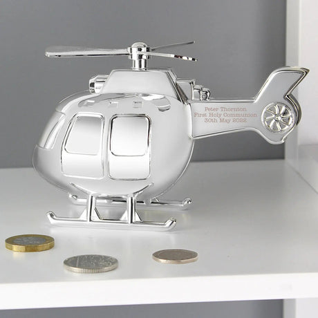 Personalised Silver Plated Helicopter Money Box: 3 - Money Boxes By Gift Moments