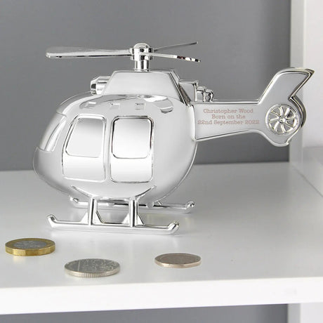 Personalised Silver Plated Helicopter Money Box: 1 - Money Boxes By Gift Moments