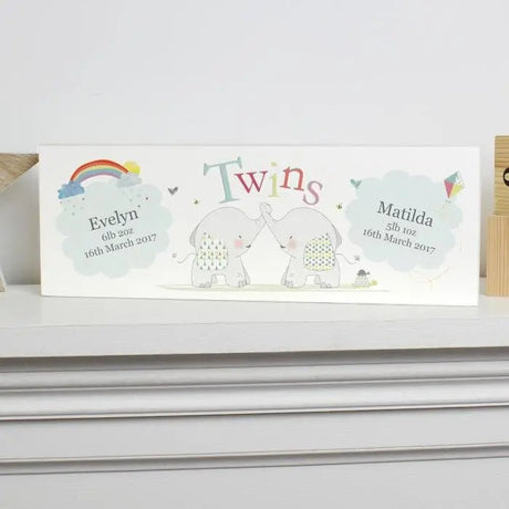 Personalised Hessian Elephant Twins Block Sign: 1 - Signs & Plaques By Gift Moments