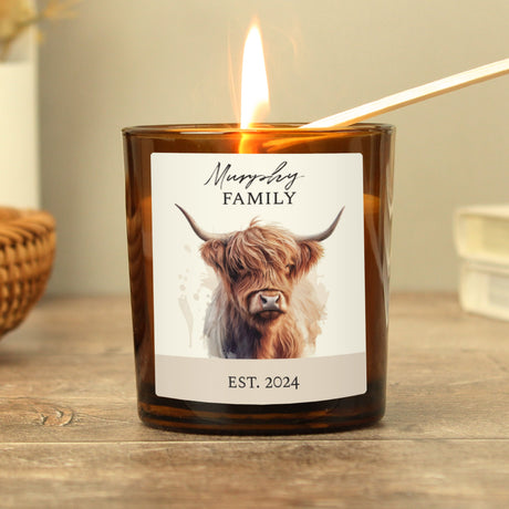 Personalised Amber Glass Highland Cow Candle: 3 - Candles By Gift Moments