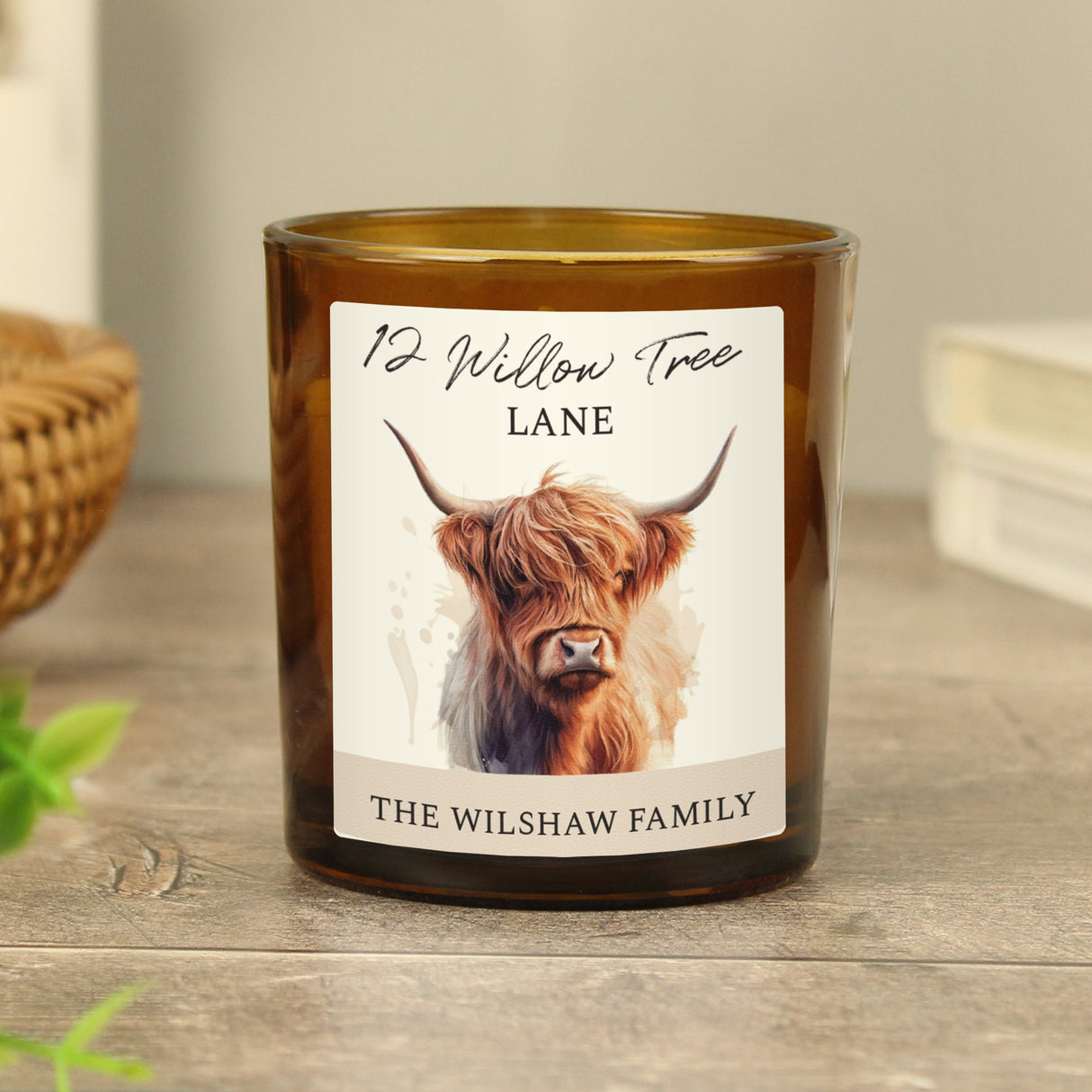 Personalised Amber Glass Highland Cow Candle: 4 - Candles By Gift Moments